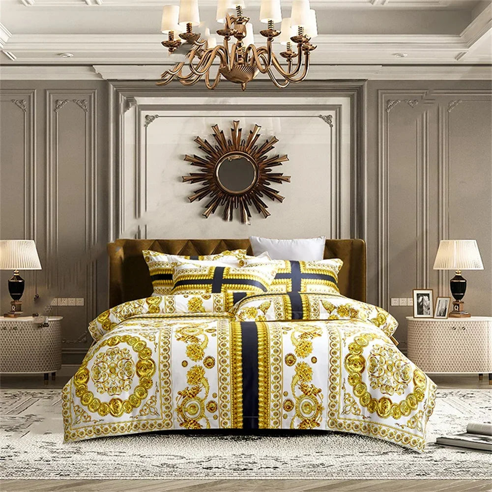 Printed Egyptian Cotton Bedding Set 1200TC | Golden Baroque on double bed