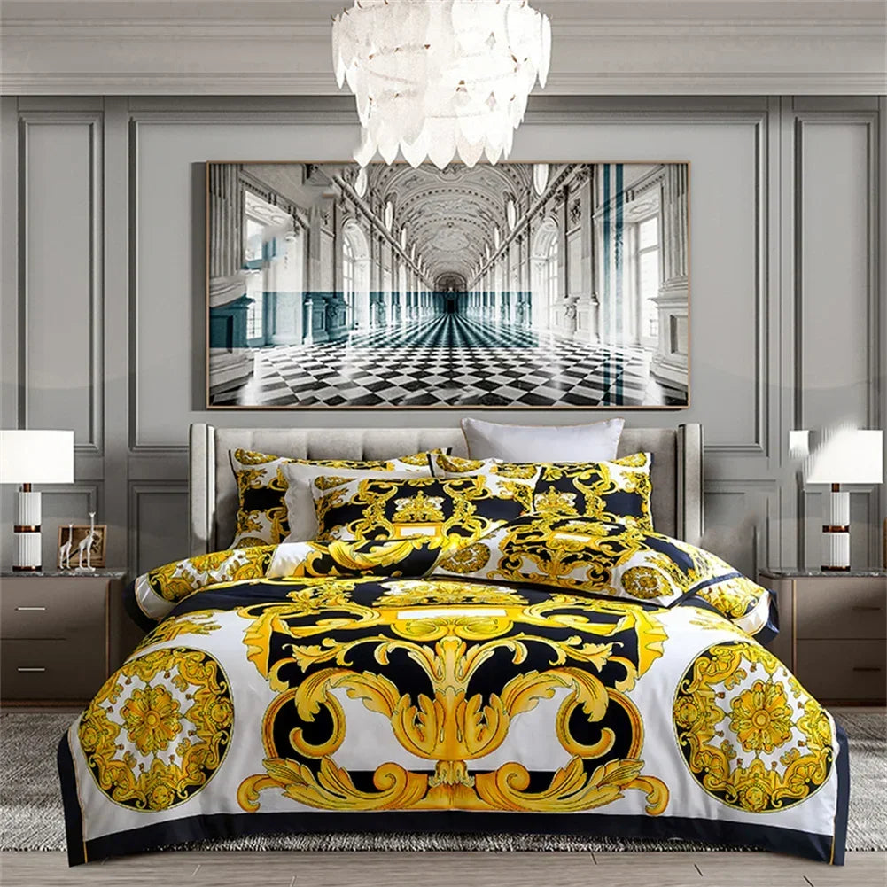 Printed Egyptian Cotton Bedding Set 1200TC | Golden Baroque in Black Gold Crest