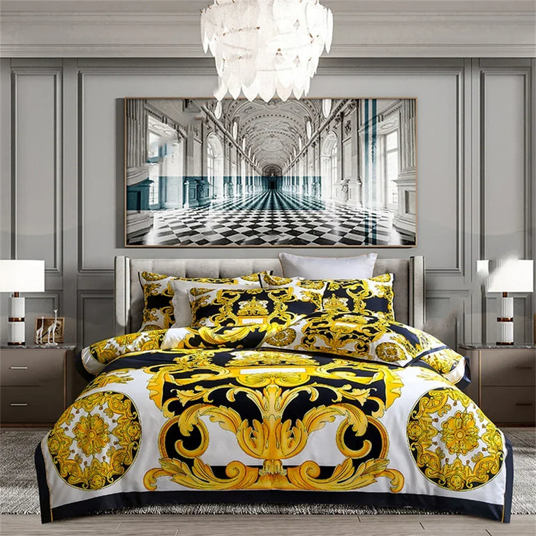 Printed Egyptian Cotton Bedding Set 1200TC | Golden Baroque in Black Gold Crest