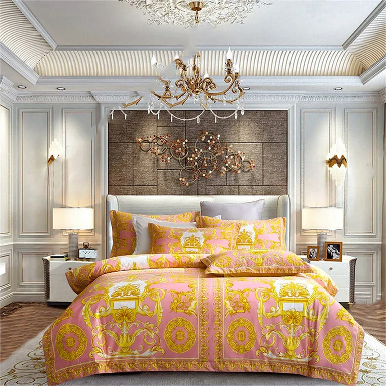 Printed Egyptian Cotton Bedding Set 1200TC | Golden Baroque in Pink Gold Crest