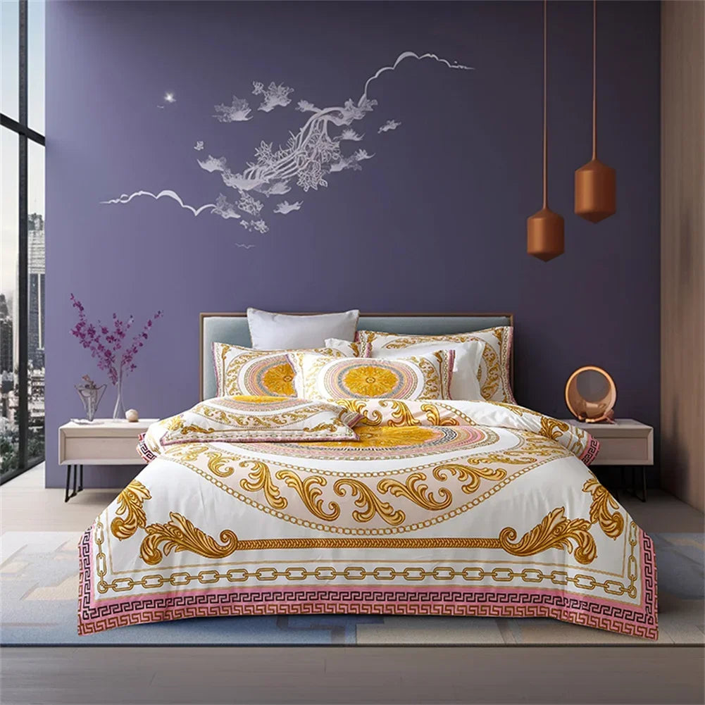 Printed Egyptian Cotton Bedding Set 1200TC | Golden Baroque in Rose Medallion