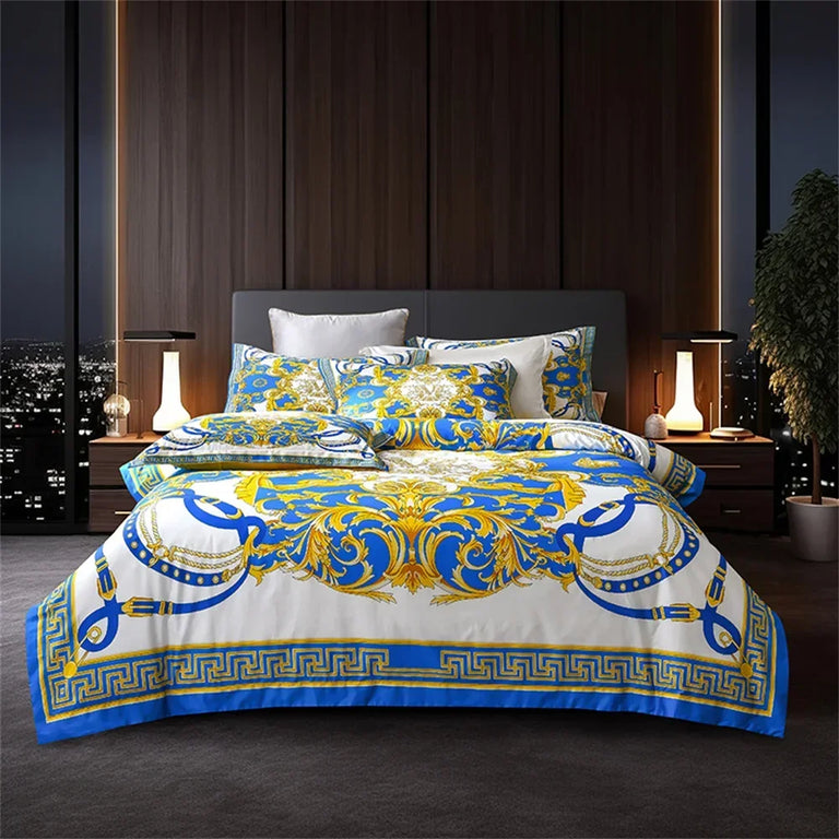 Printed Egyptian Cotton Bedding Set 1200TC | Golden Baroque in Royal Blue
