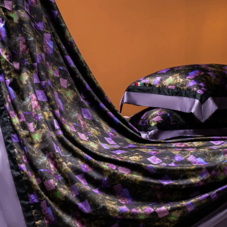 Printed Egyptian Cotton Bedding Set 1200TC | Violet Mosaic duvet cover drape