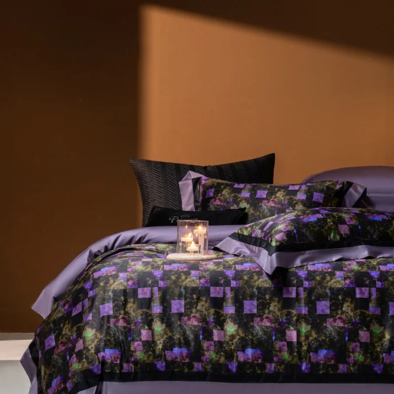 Printed Egyptian Cotton Bedding Set 1200TC | Violet Mosaic bedding front view