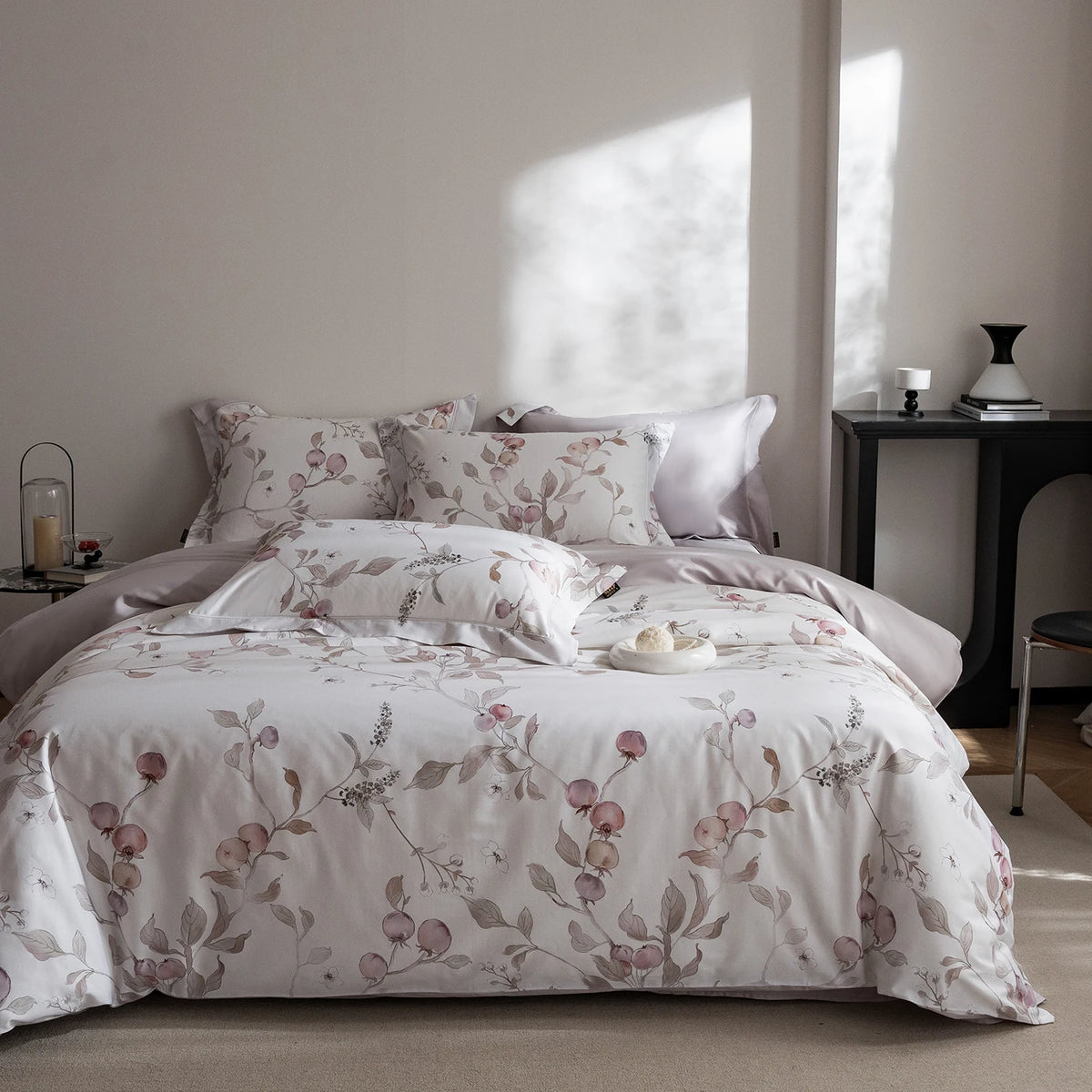 Printed Egyptian Cotton Bedding Set 600TC | Soft Botanicals on double bed