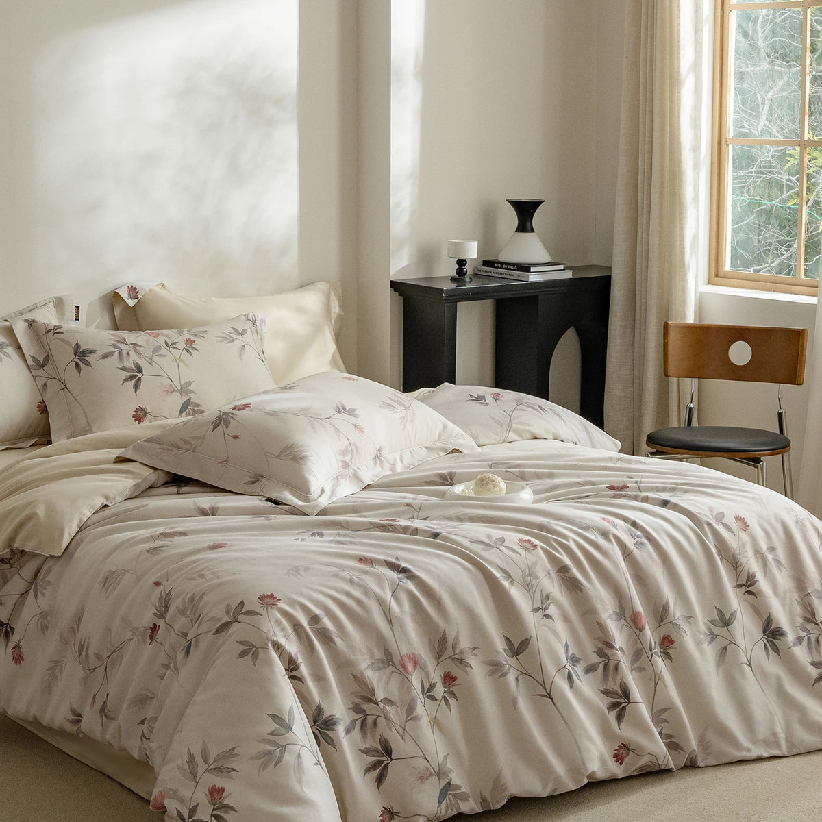 Printed Egyptian Cotton Bedding Set 600TC | Soft Botanicals in Cream Branch