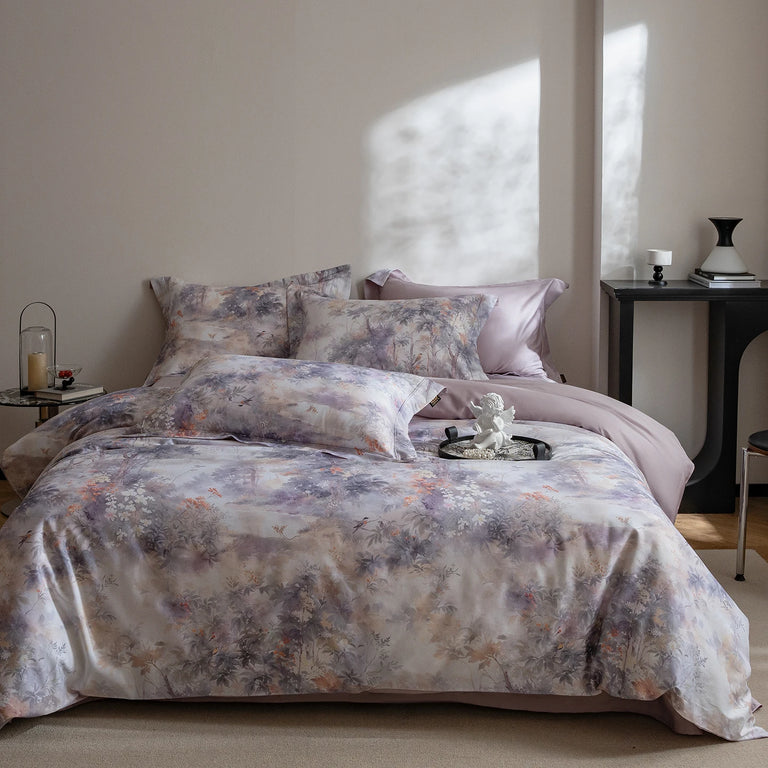 Printed Egyptian Cotton Bedding Set 600TC | Soft Botanicals in Lilac Watercolour