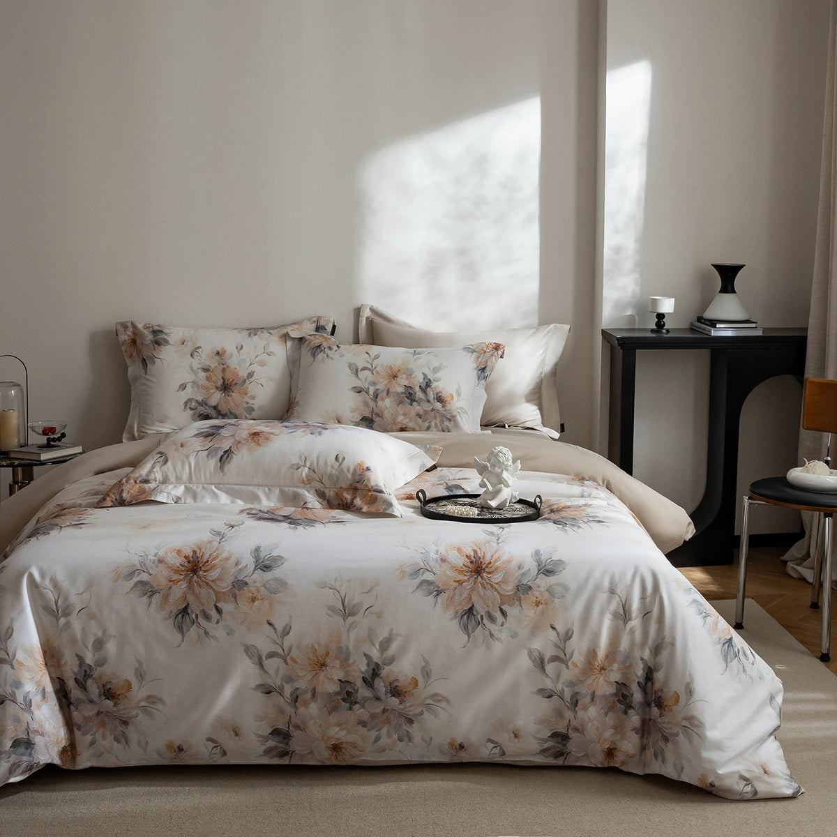Printed Egyptian Cotton Bedding Set 600TC | Soft Botanicals in Peach Bloom