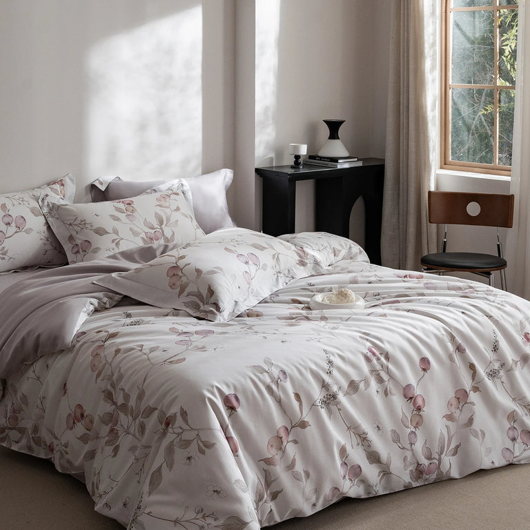 Printed Egyptian Cotton Bedding Set 600TC | Soft Botanicals in Rose Berry
