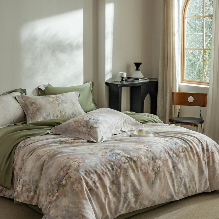 Printed Egyptian Cotton Bedding Set 600TC | Soft Botanicals in Sage Watercolour