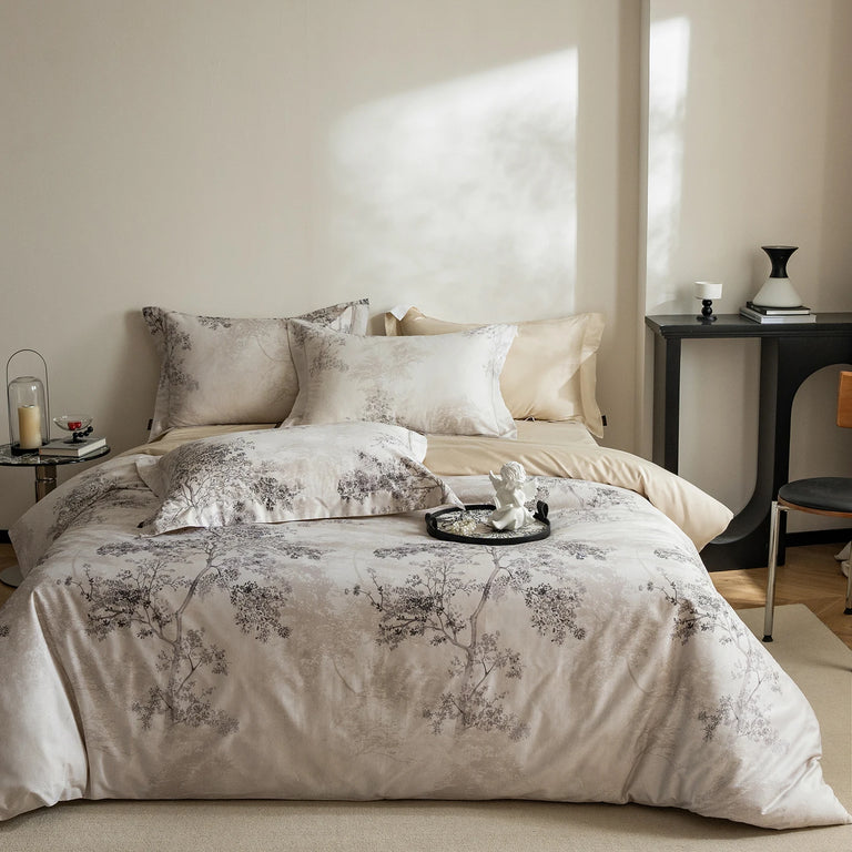 Printed Egyptian Cotton Bedding Set 600TC | Soft Botanicals in Stone Branch