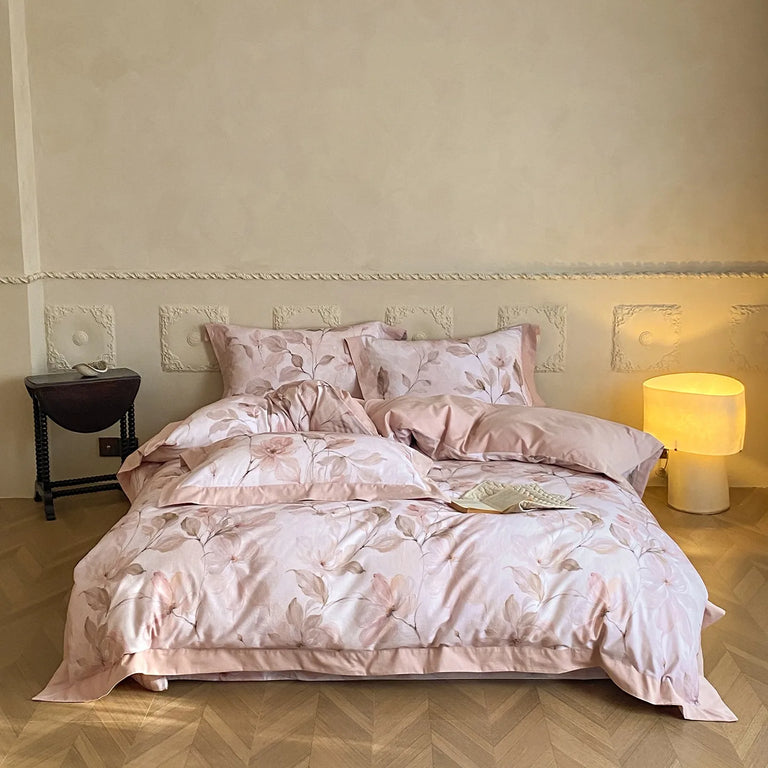 Printed Egyptian Cotton Bedding Set 600TC | Watercolour Petals in Blush Leaf