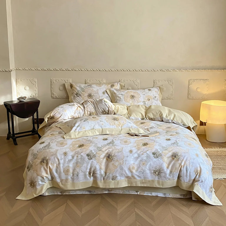 Printed Egyptian Cotton Bedding Set 600TC | Watercolour Petals in Butter Bloom