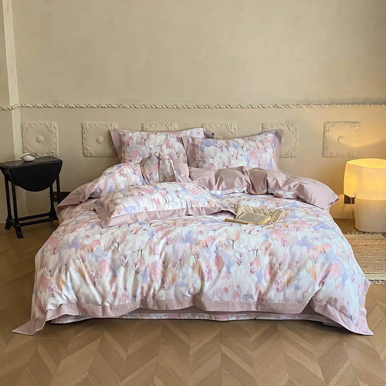 Printed Egyptian Cotton Bedding Set 600TC | Watercolour Petals in Pastel Wash