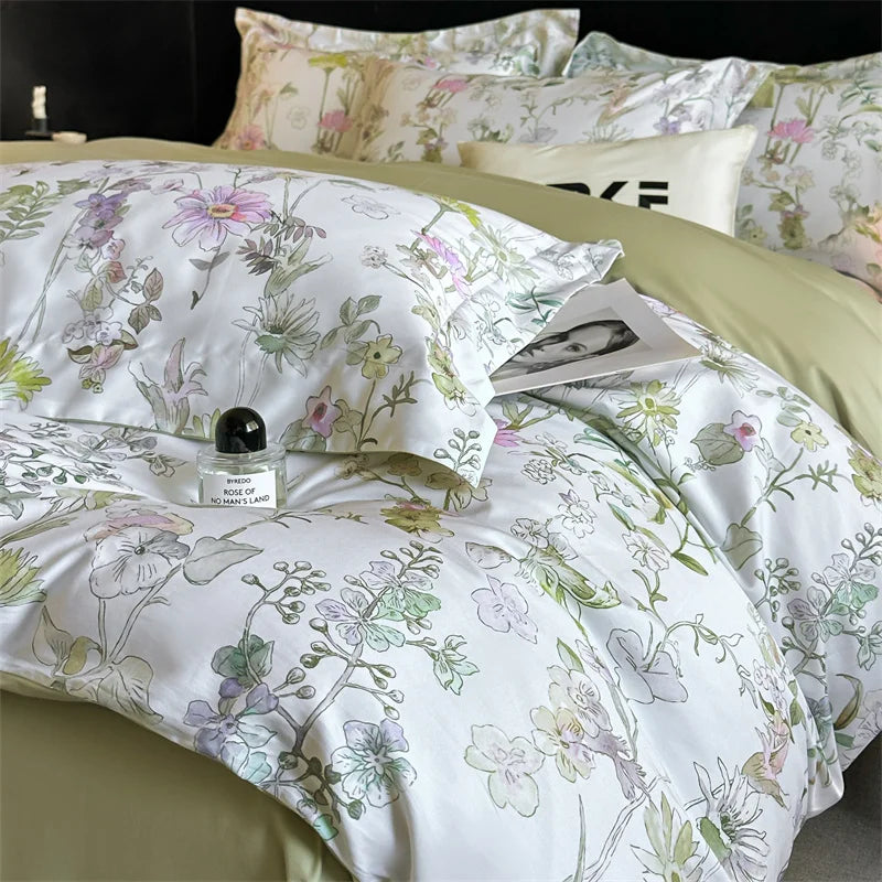 Floral Egyptian Cotton Bedding Set 600TC | Sage Wildflower duvet cover print close up