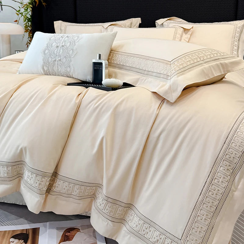 Sateen Egyptian Cotton Bedding Set 1000TC | Cream Key Border duvet cover angle view