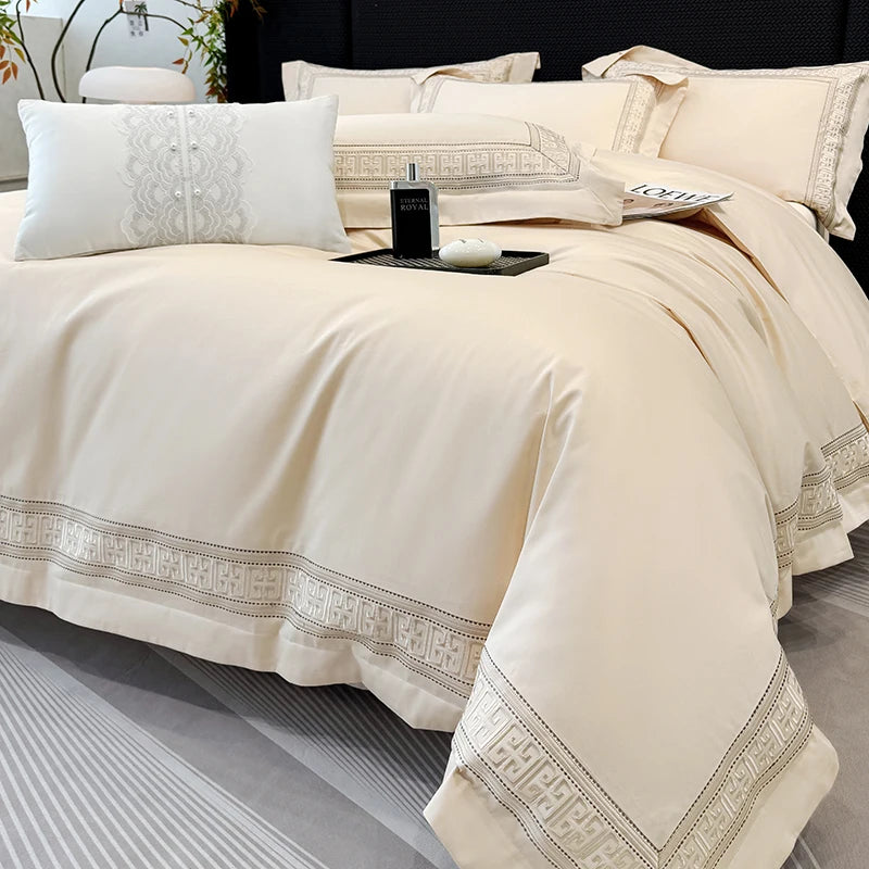 Sateen Egyptian Cotton Bedding Set 1000TC | Cream Key Border on double bed