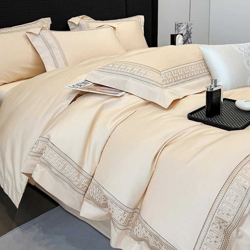 Sateen Egyptian Cotton Bedding Set 1000TC | Cream Key Border embroidered border detail