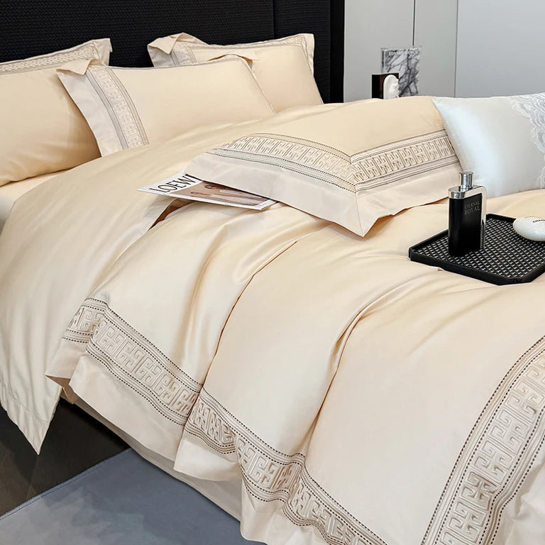 Sateen Egyptian Cotton Bedding Set 1000TC | Cream Key Border embroidered border detail