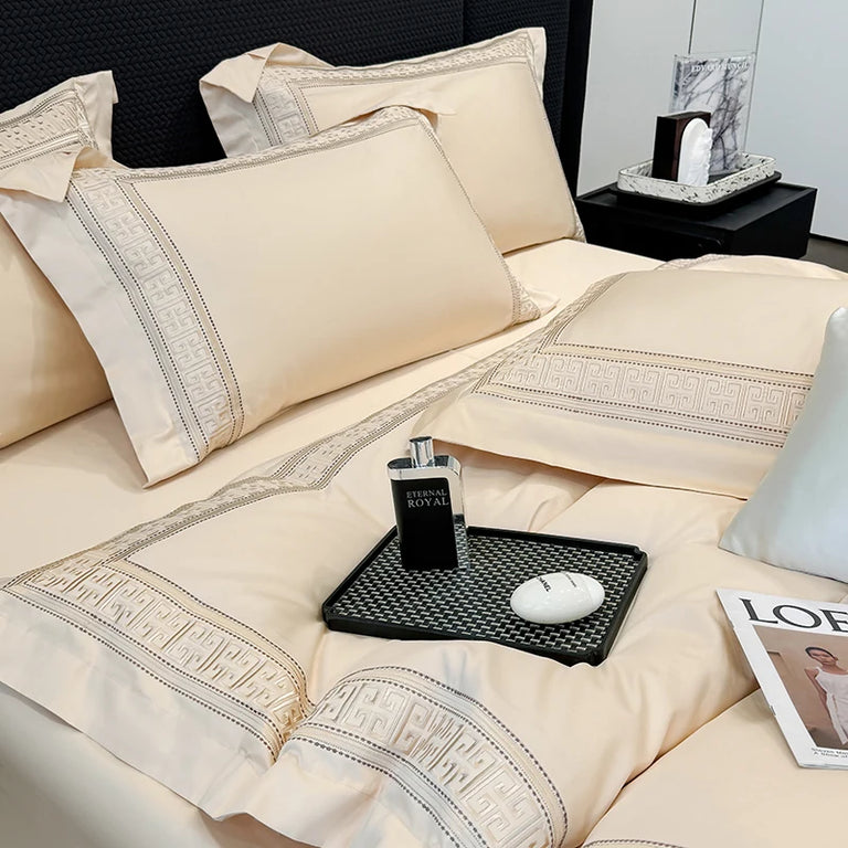 Sateen Egyptian Cotton Bedding Set 1000TC | Cream Key Border pillowcase close up