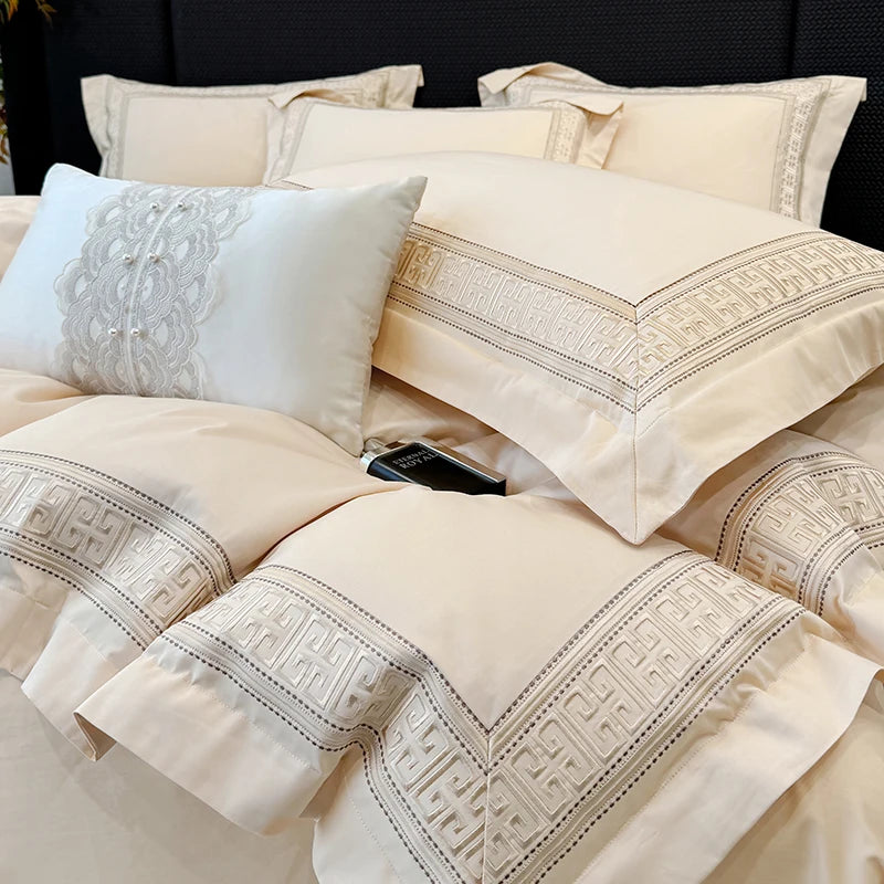 Sateen Egyptian Cotton Bedding Set 1000TC | Cream Key Border - Egyptian Bedding
