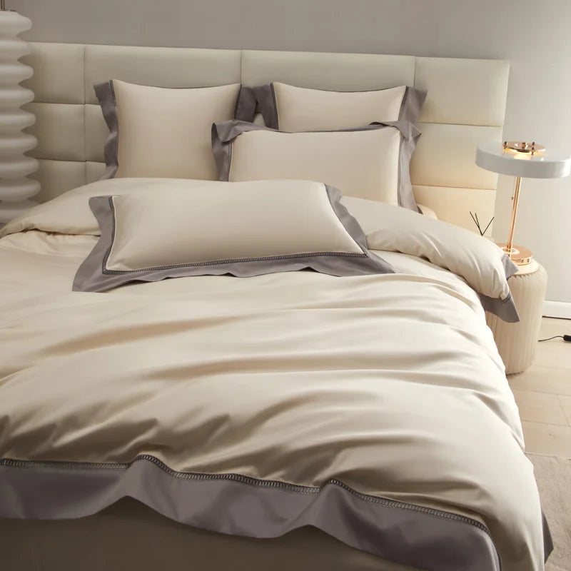 Sateen Egyptian Cotton Bedding Set 1000TC | Hemstitch Border in Cream and Taupe