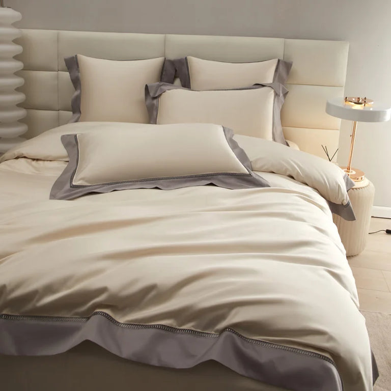 Sateen Egyptian Cotton Bedding Set 1000TC | Hemstitch Border in Cream and Taupe