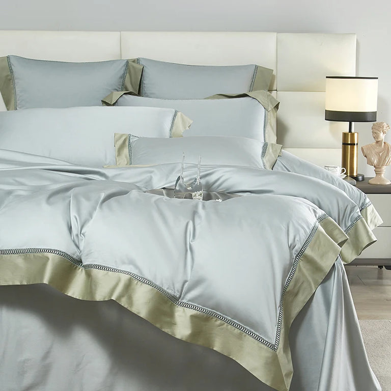 Sateen Egyptian Cotton Bedding Set 1000TC | Hemstitch Border in Mist and Olive