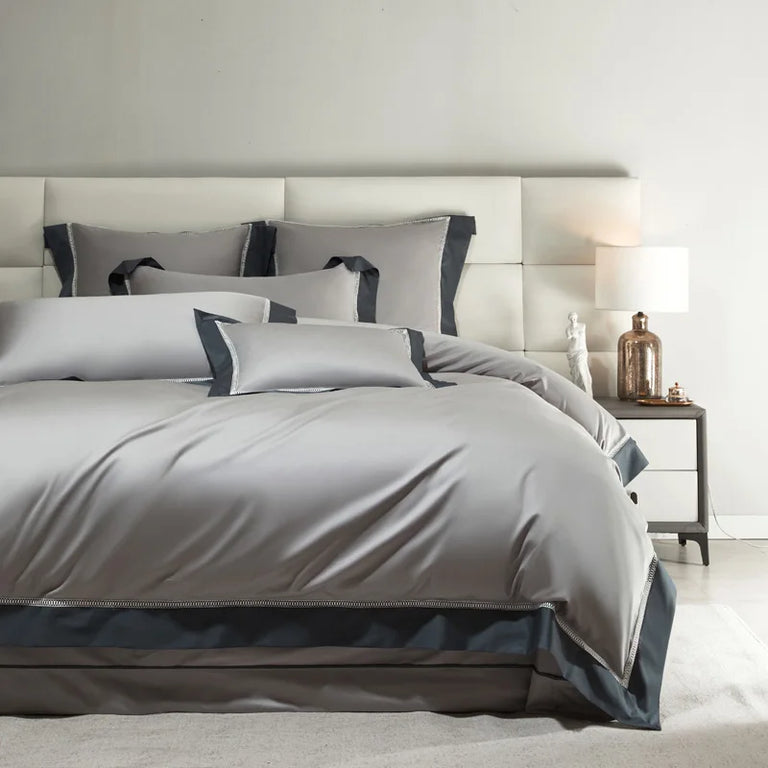 Sateen Egyptian Cotton Bedding Set 1000TC | Hemstitch Border in Pearl Grey