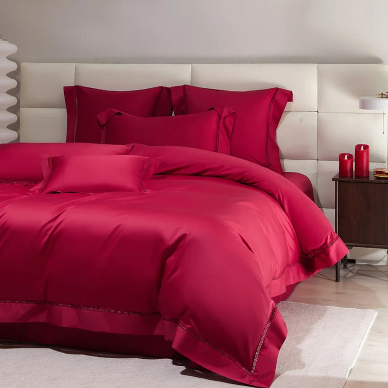 Sateen Egyptian Cotton Bedding Set 1000TC | Hemstitch Border in Raspberry