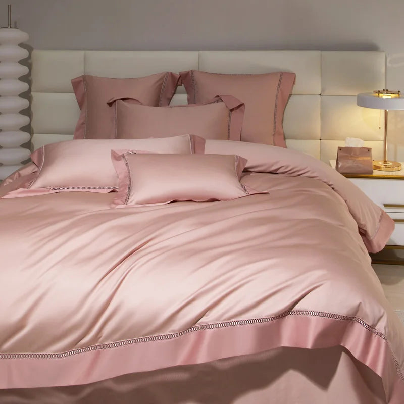 Sateen Egyptian Cotton Bedding Set 1000TC | Hemstitch Border in Rose Pink