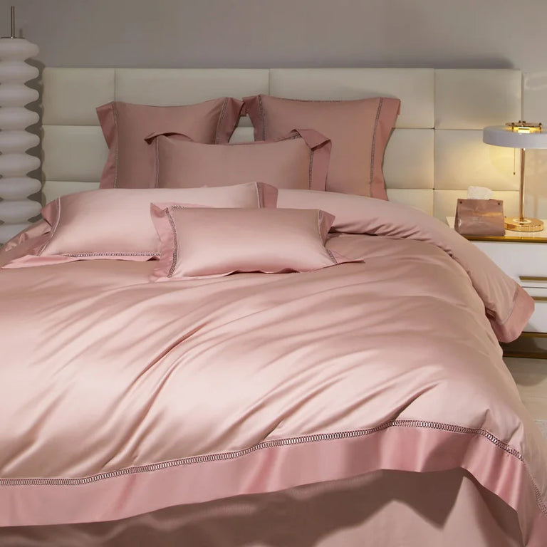 Sateen Egyptian Cotton Bedding Set 1000TC | Hemstitch Border in Rose Pink