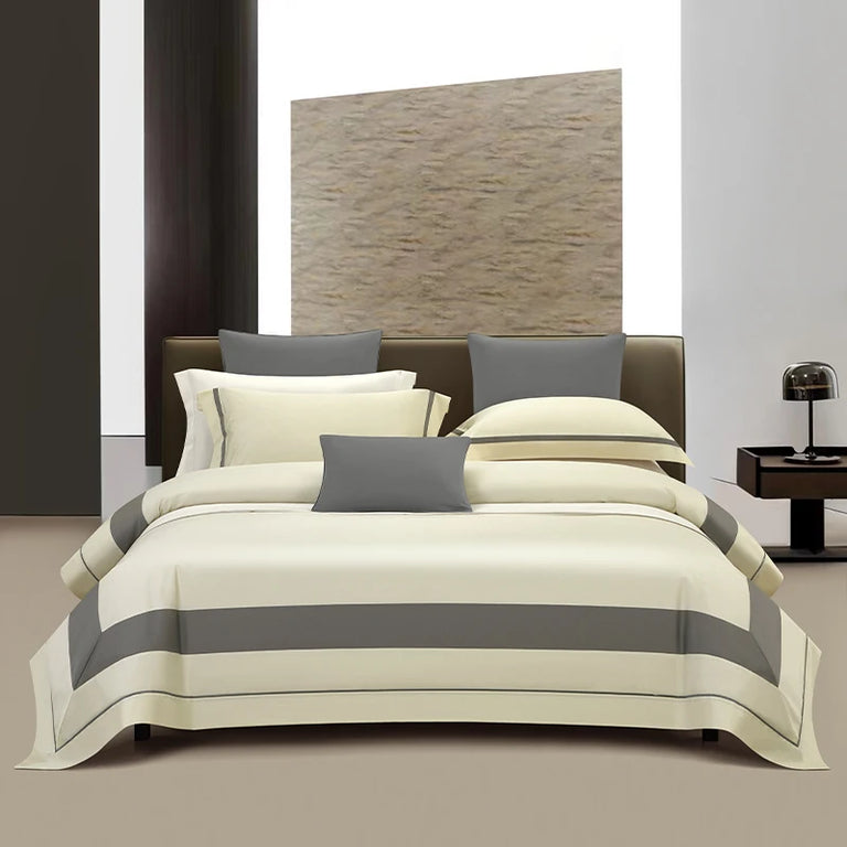 Sateen Egyptian Cotton Bedding Set 1000TC | Twin Stripe in Cream Grey