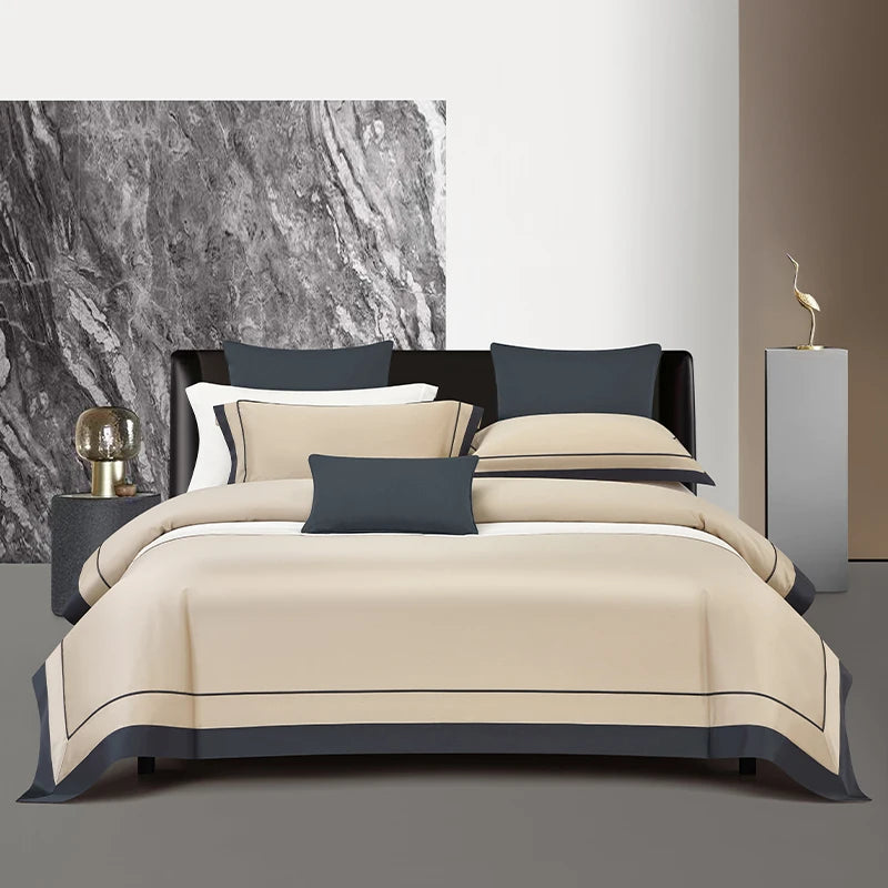 Sateen Egyptian Cotton Bedding Set 1000TC | Twin Stripe in Sand Charcoal