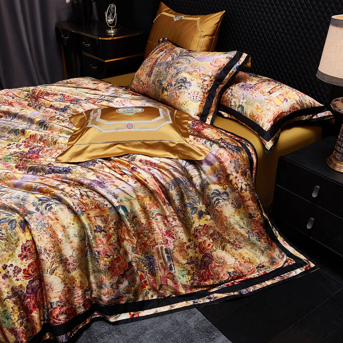 Silk and Egyptian Cotton Bedding Set 1200TC | Gold Baroque duvet cover angle view