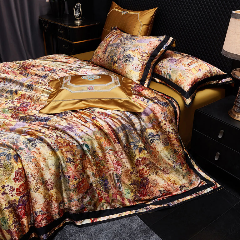 Silk and Egyptian Cotton Bedding Set 1200TC | Gold Baroque duvet cover angle view