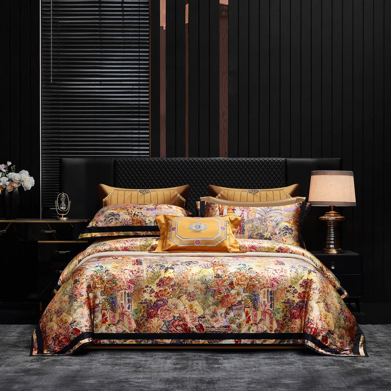 Silk and Egyptian Cotton Bedding Set 1200TC | Gold Baroque bedding front view
