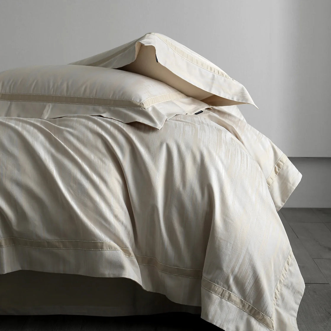Silk and Egyptian Cotton Jacquard Bedding Set 1200TC | Ivory Stripe - Egyptian Bedding