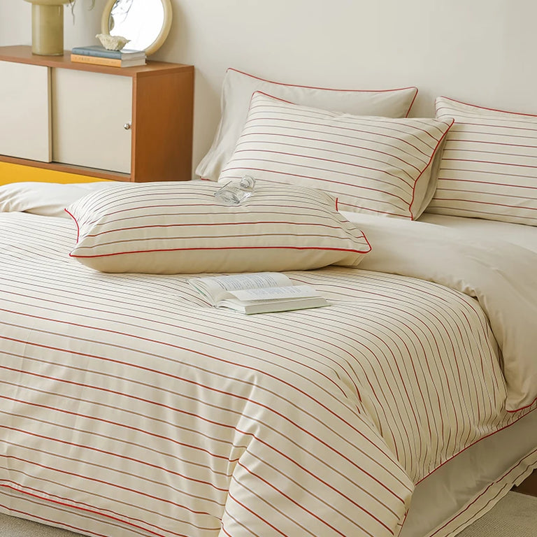 Striped Egyptian Cotton Bedding Set 600TC | Fine Stripe in Cream and Red