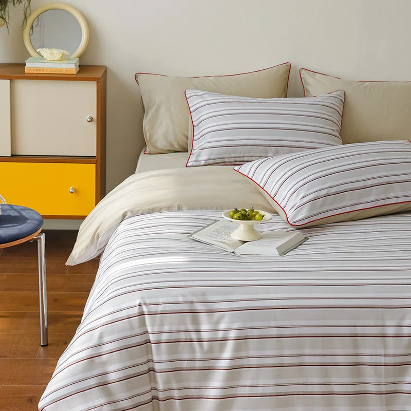Striped Egyptian Cotton Bedding Set 600TC | Fine Stripe in Grey and Red