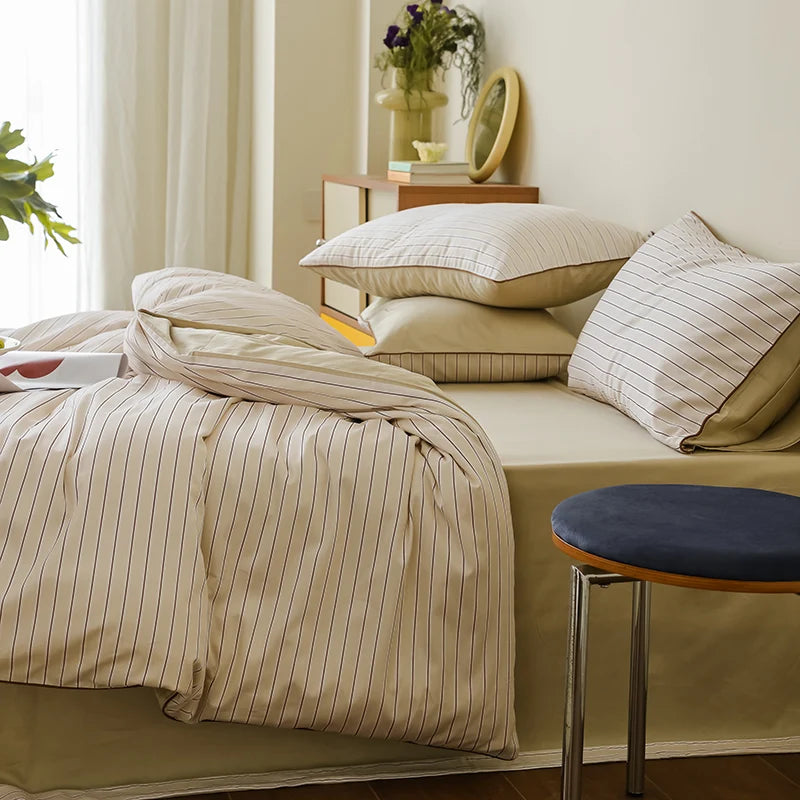 Striped Egyptian Cotton Bedding Set 600TC | Fine Stripe in Sand