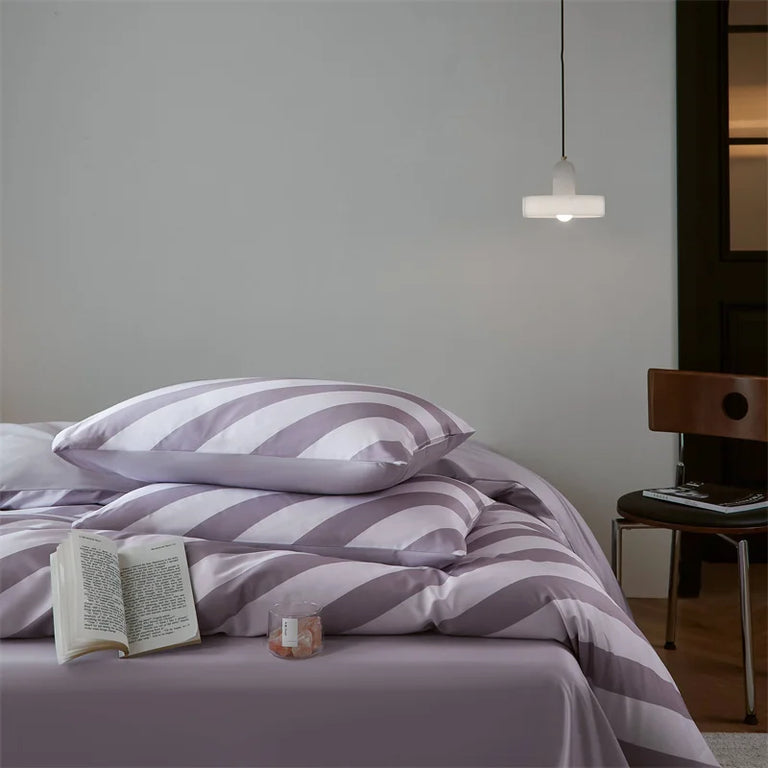 Striped Egyptian Cotton Bedding Set 800TC | Lilac Stripe duvet cover angle view