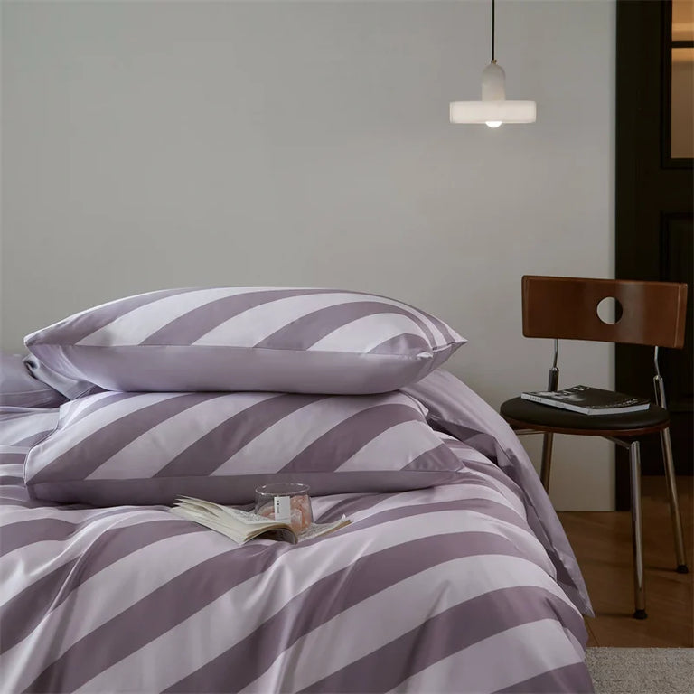 Striped Egyptian Cotton Bedding Set 800TC | Lilac Stripe bedding side view